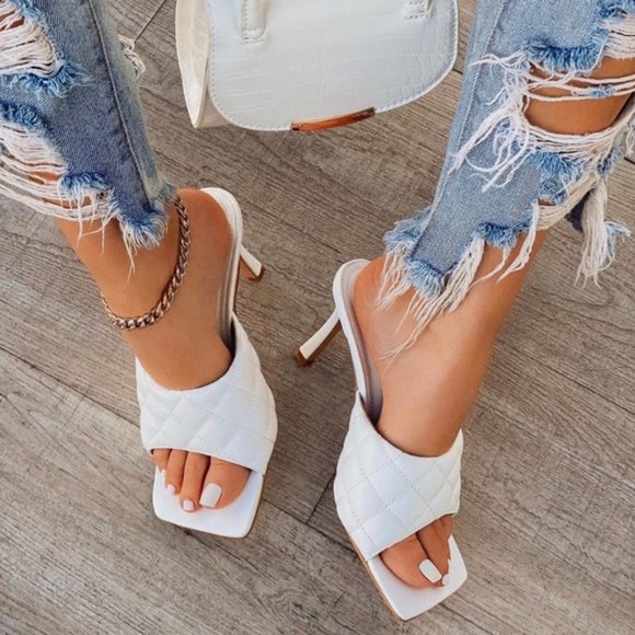 Square Toe Quilted Mules – White - Picture 3 of 6